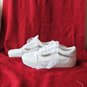 Vans Old Skool Platform Bridal Sneakers | White Rhinestone Stripe + Organza Lace